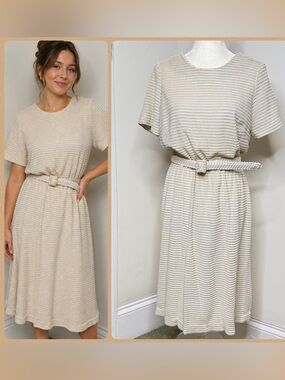 Vintage 60s Midi Dress Short Sleeve NO Tags Approx Small Neutral Beige Office